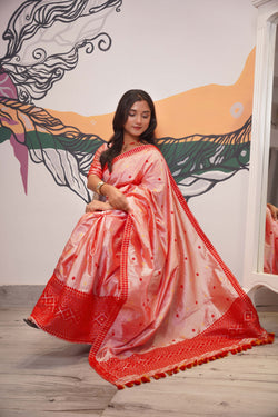 Assam Handmade Peach & Red Mixed Pat Silk Mekhela Chador