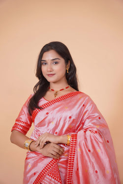 Assam Handmade Peach & Red Mixed Pat Silk Mekhela Chador