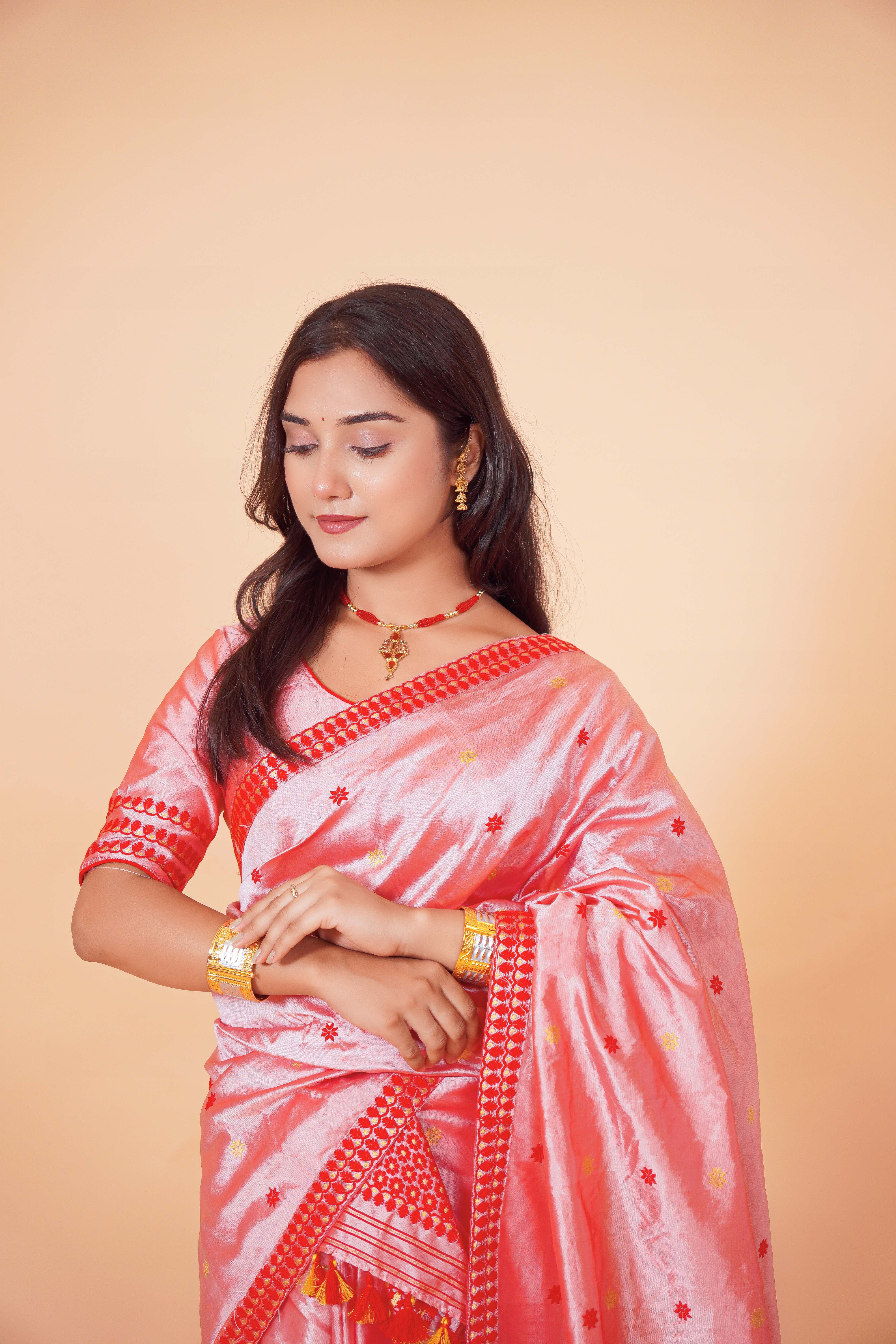 Assam Handmade Peach & Red Mixed Pat Silk Mekhela Chador