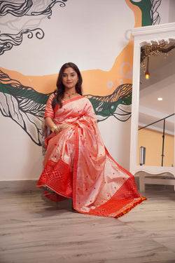 Assam Handmade Peach & Red Mixed Pat Silk Mekhela Chador