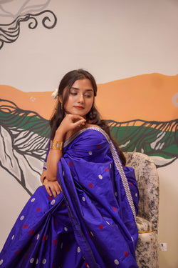 Assam Handmade Royal Blue Pat Silk Mekhela Chador