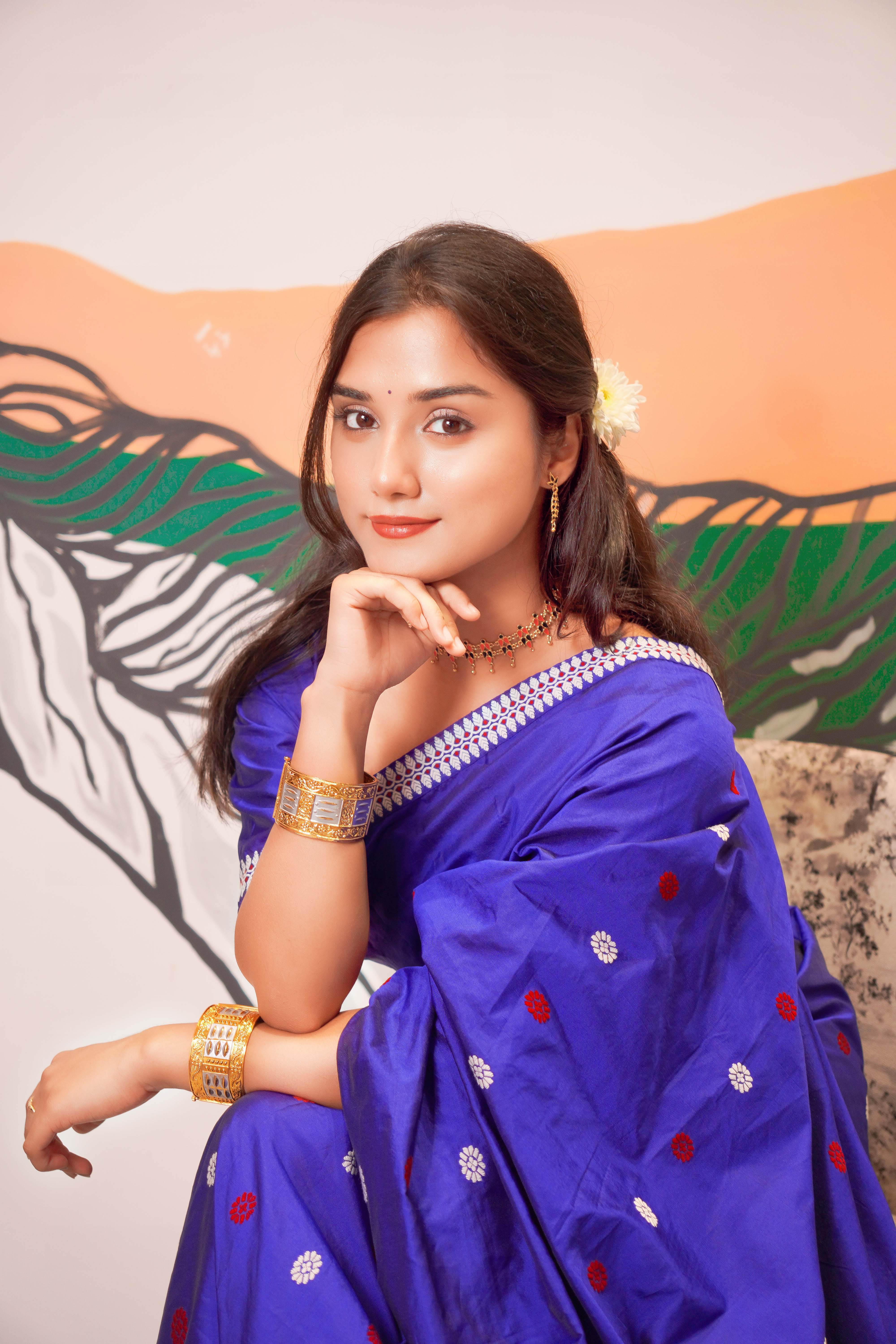 Assam Handmade Royal Blue Pat Silk Mekhela Chador