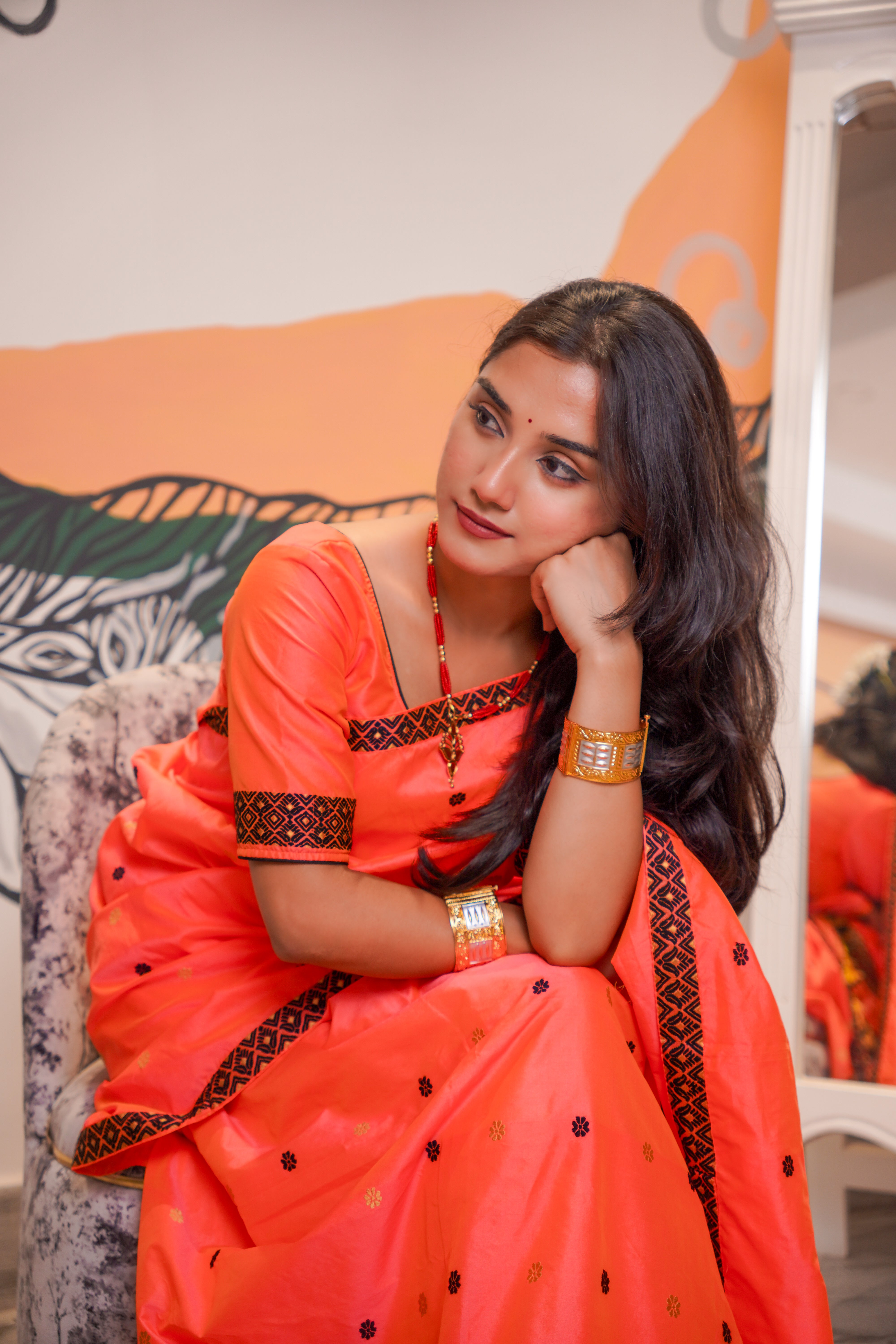 Assam Handloom Mekhela Chador - Bright Orange Mixed Pat Silk Saree