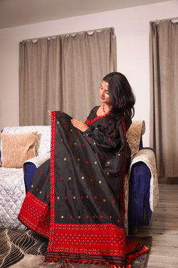 Assam Handmade Black & Red Mixed Pat Silk Mekhela Chador