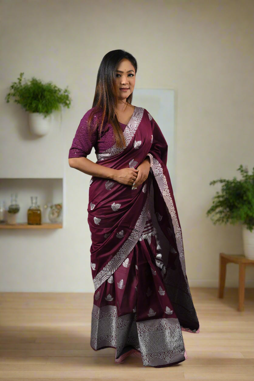 Assam Handmade Magenta & White Mix Pat Silk Mix Sarees