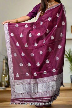 Assam Handmade Magenta & White Mix Pat Silk Mix Sarees
