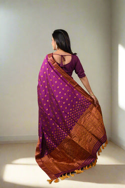 Assam Handmade Purple & Gold Mixed Pat Silk Mix Saree