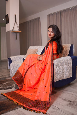 Assam Handloom Mekhela Chador - Bright Orange Mixed Pat Silk Saree
