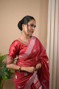 Assam Ruby & Silver Handloom Mix Pat Silk Mekhela Chador
