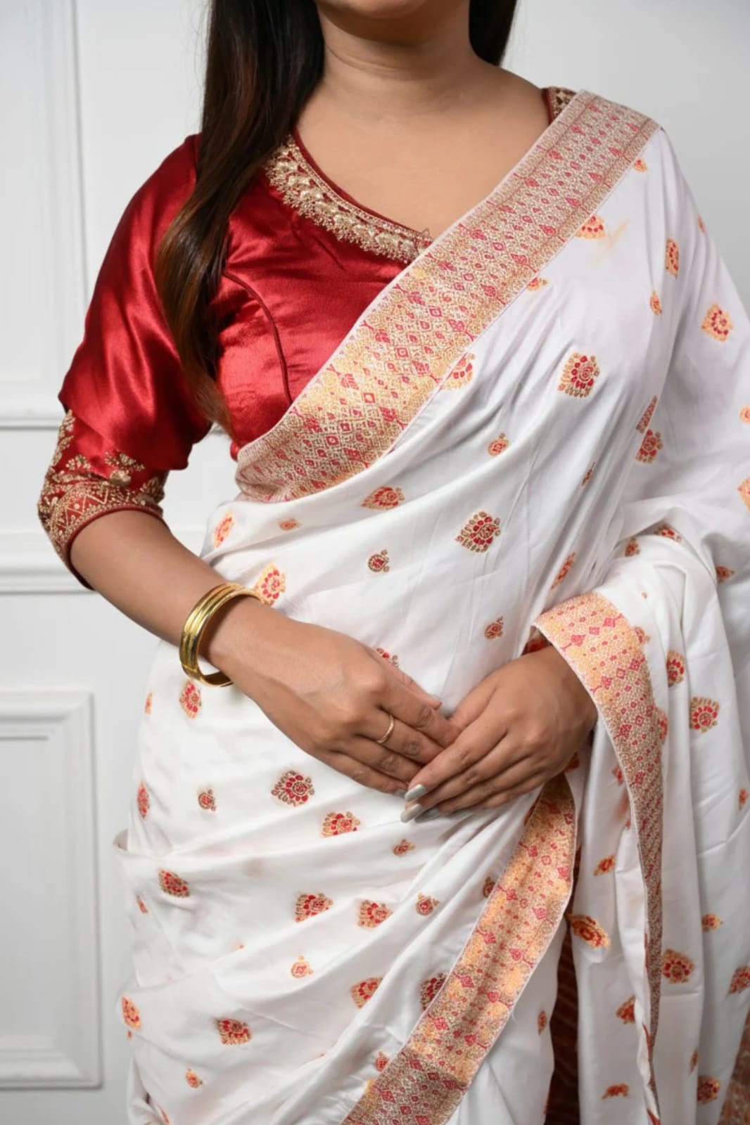 Assam Handmade White & Red Mixed Pat Silk Mix Saree