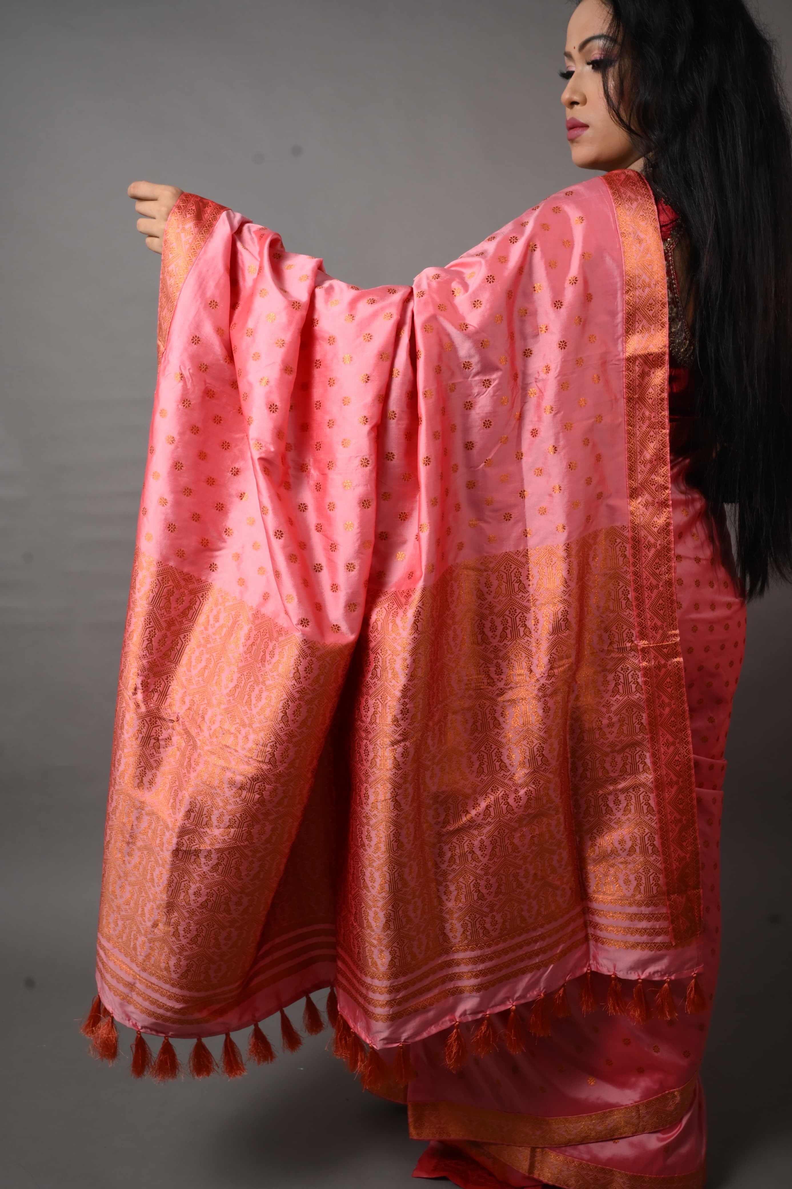 Assam Handmade Pink & Red Mixed Pat Silk Mekhela Chador