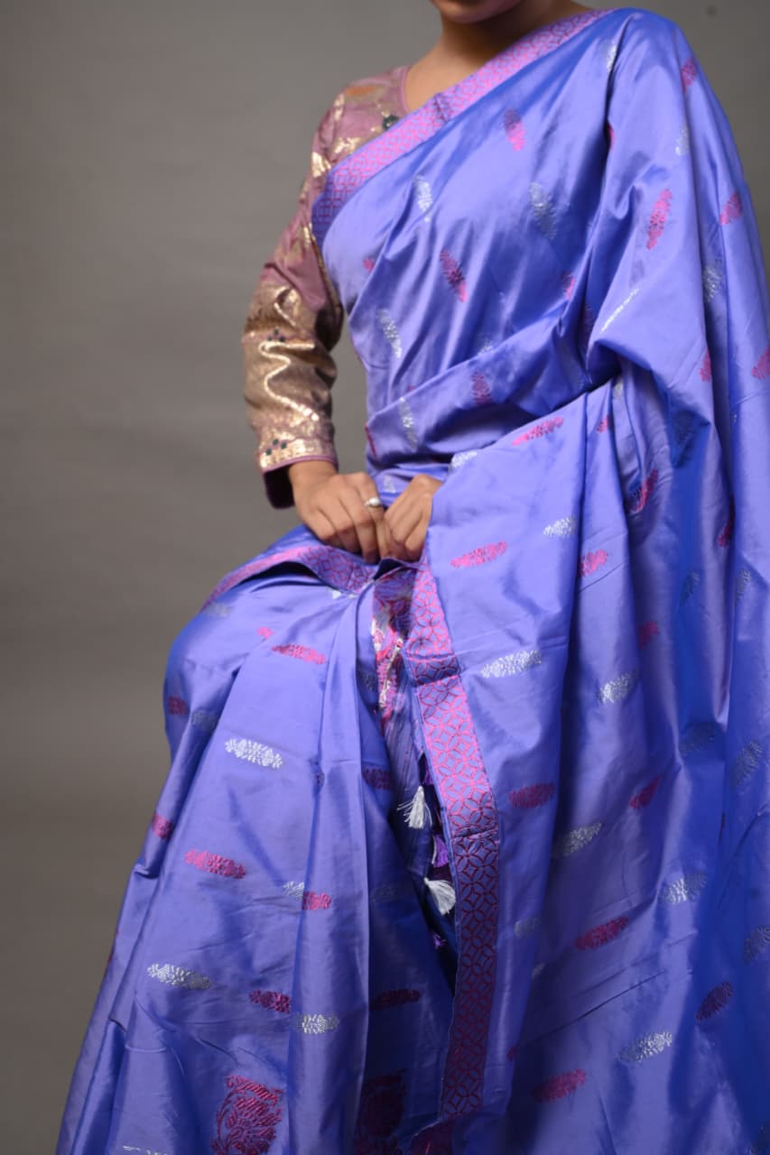 Assam Handloom Lavender & Pink Mix Pat Silk Mekhela Chador